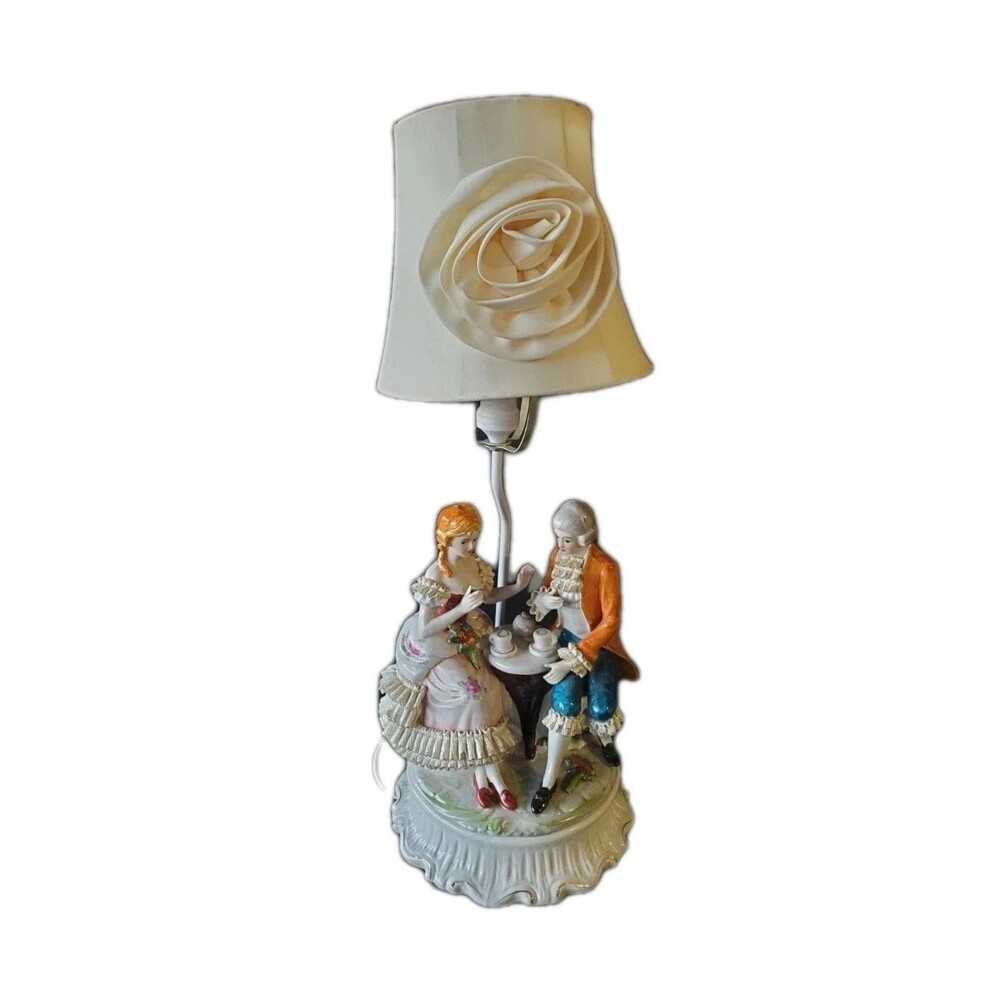 French Victorian Porcelain Couple Lamp & Shade Courting Figurine Capodimonte Vtg